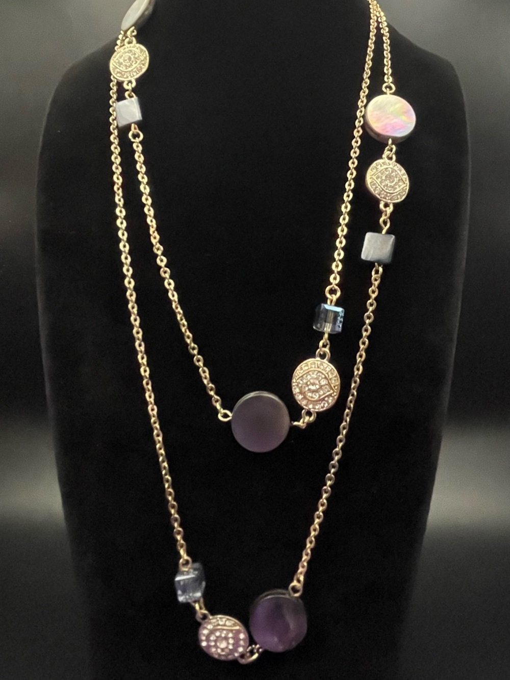 NWOT Vintage  Gold Evil Eye Long Station Necklace 28” Purple Pearl Boho